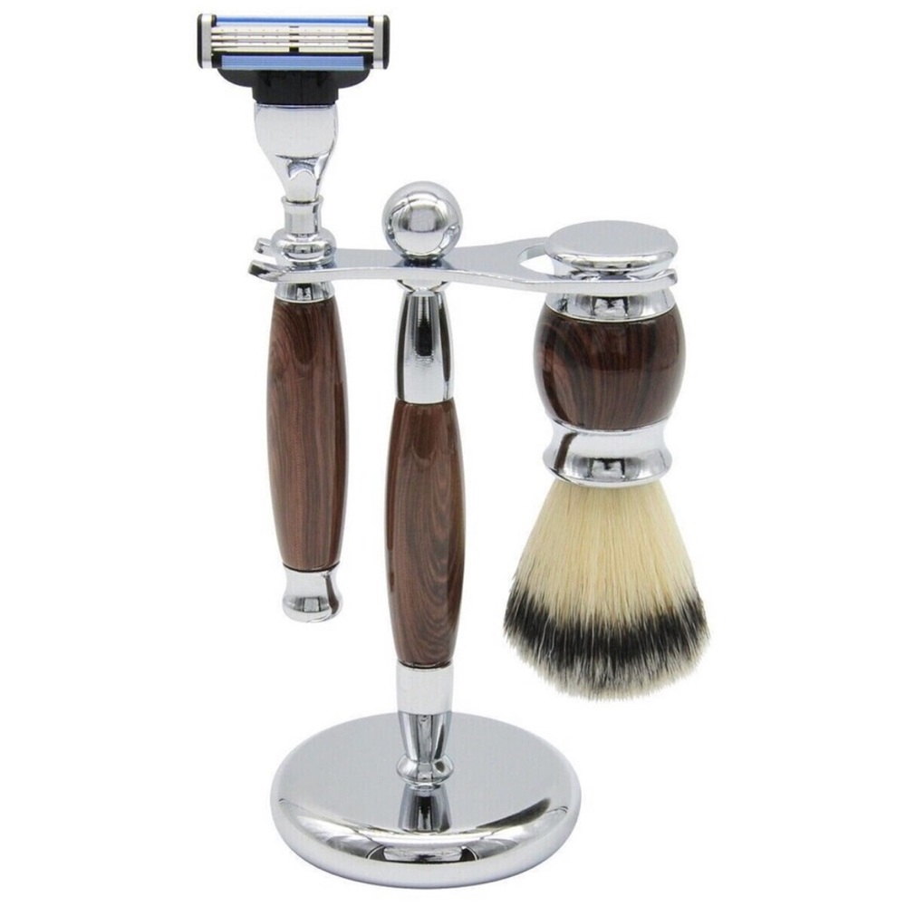 Union Razors Three Piece Shave Kit- Wood Handle Brush Stand Mach III Compatible